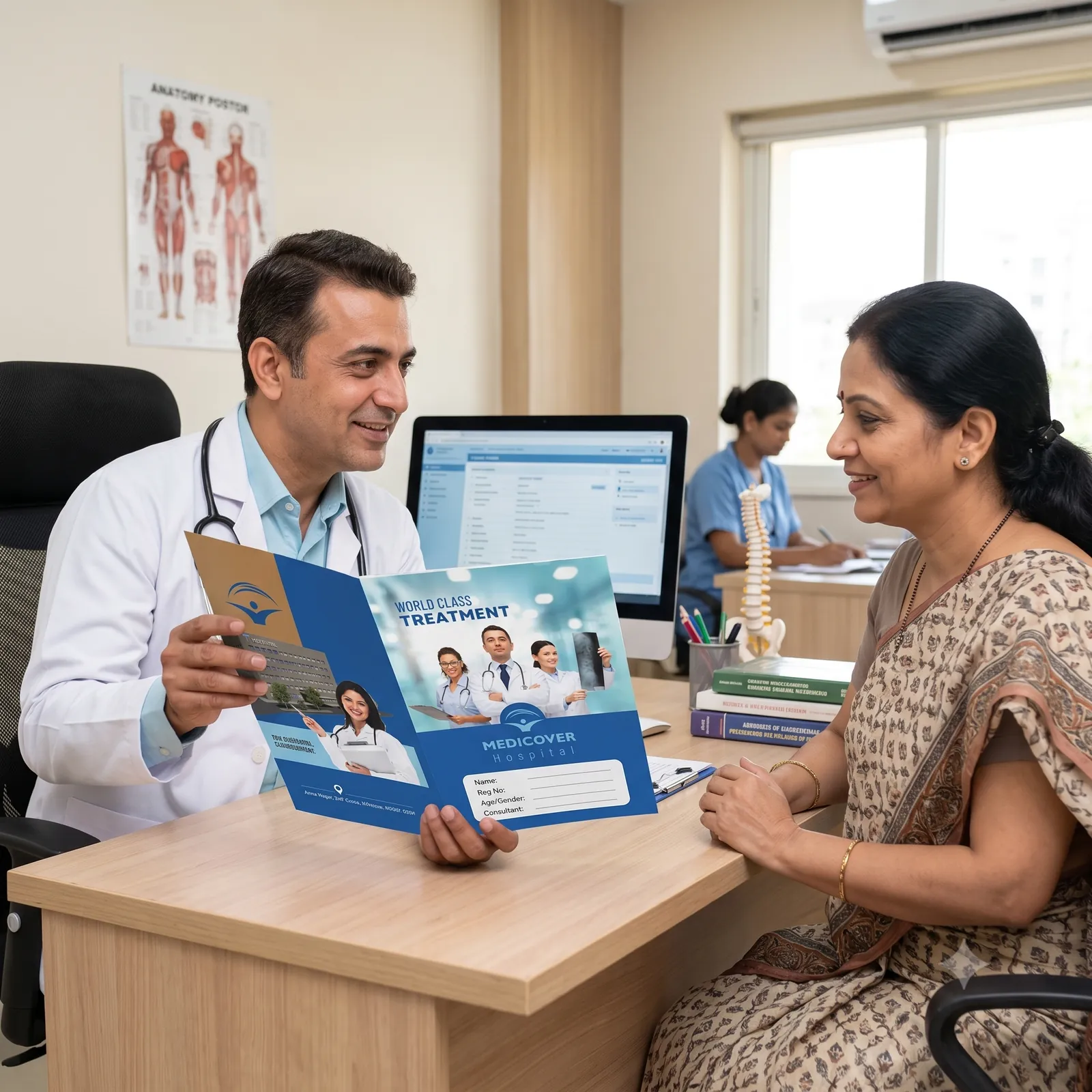 Doctor showing a printed hospital patient file folder with patient detail fields to a patient