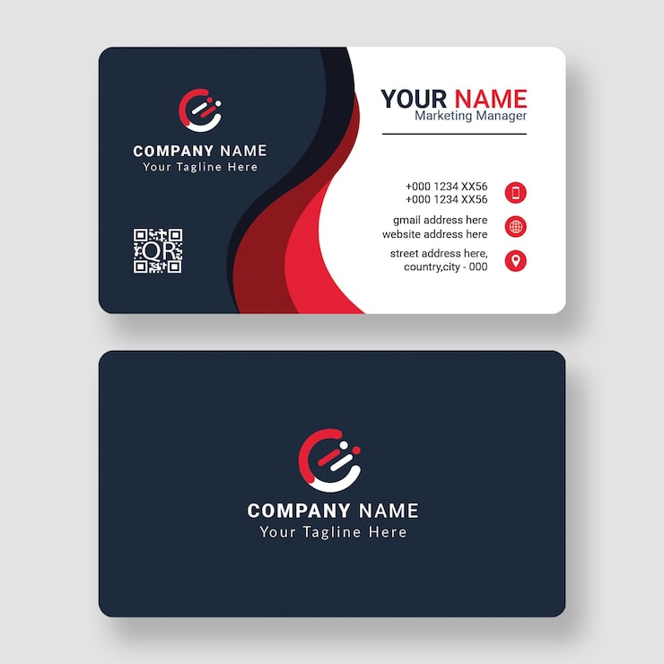 Front and back of a corporate visiting card design with logo and QR code