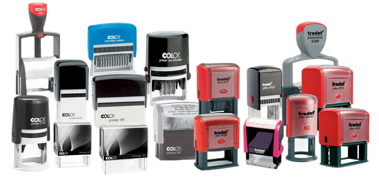 A range of self-inking and pre-inked rubber stamps in round and rectangular styles
