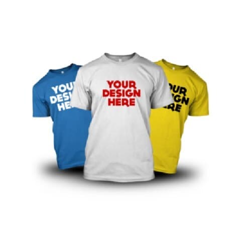 Blue, white and yellow t-shirts printed with a custom front design